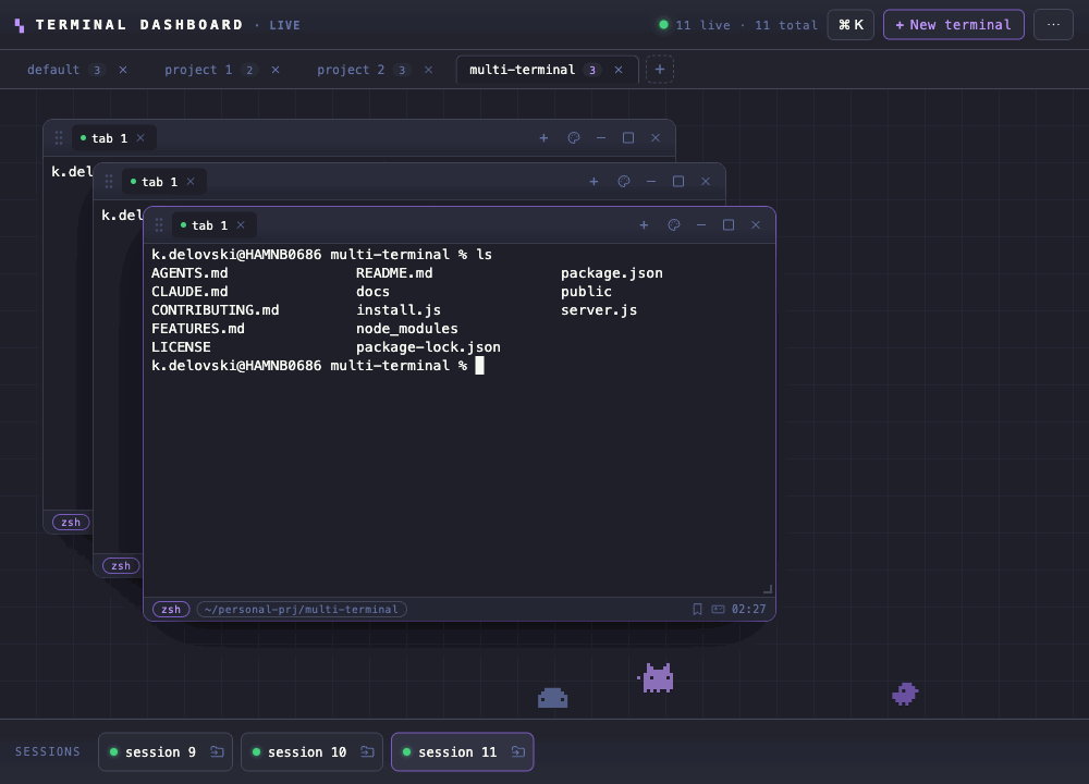 Terminal Dashboard: floating shells tiling into a grid, theme picker, filesystem tree, command palette, a mini-game while a command runs