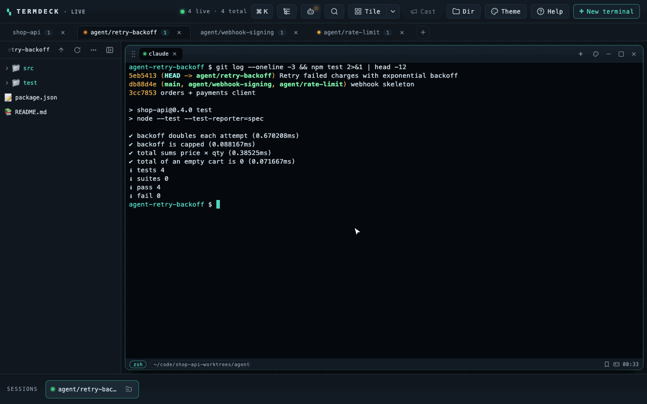 termdeck: three agents in separate git worktrees; one asks for approval, it is approved from the agent queue, its changes are reviewed and merged behind a passing test